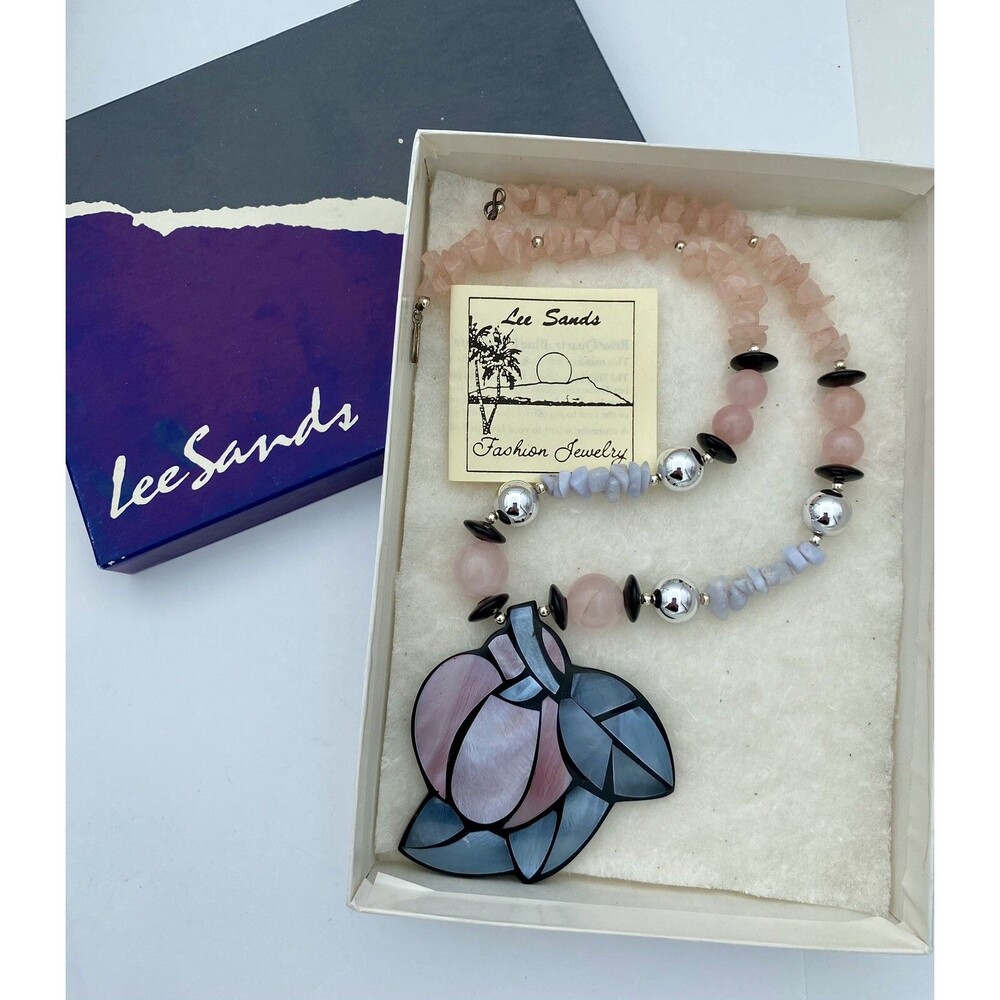 VINTAGE 90s QVC LEE SANDS ROSE QUARTZ, BLUE LACE AGATE SHELL INLAY NECKLACE